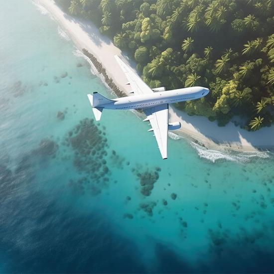 Plane flying low over beach coastline